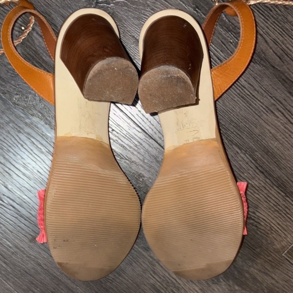 J. Crew Raffia Ankle Tie Block Heel Sandal Size 7 Tan/Pink/Gold - Picture 13 of 15